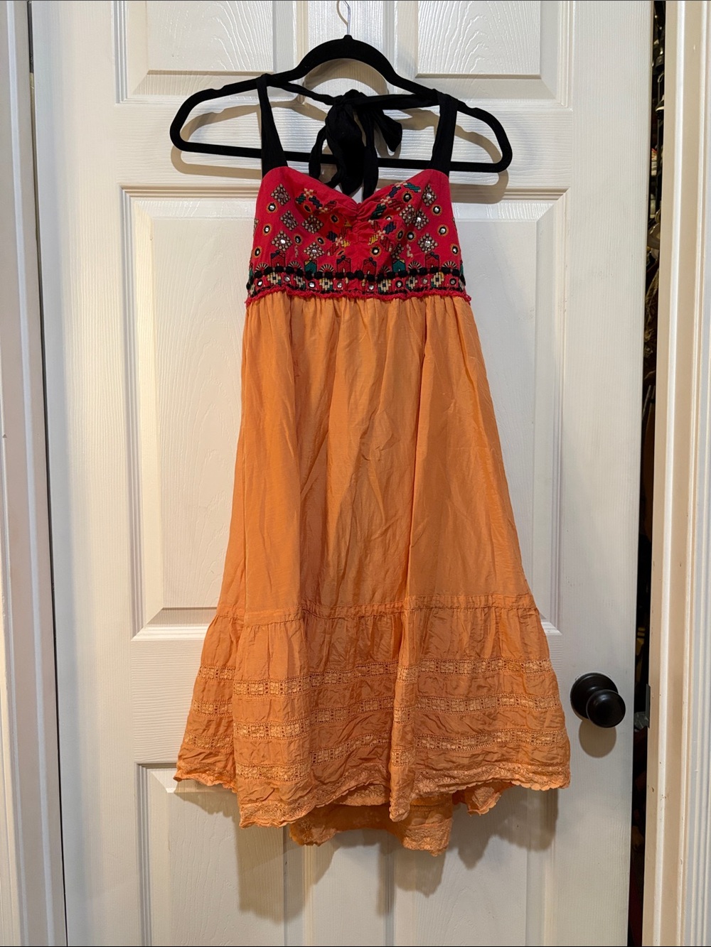 Anthropologie Pink Embroidered Bodice Orange Halter Sundress